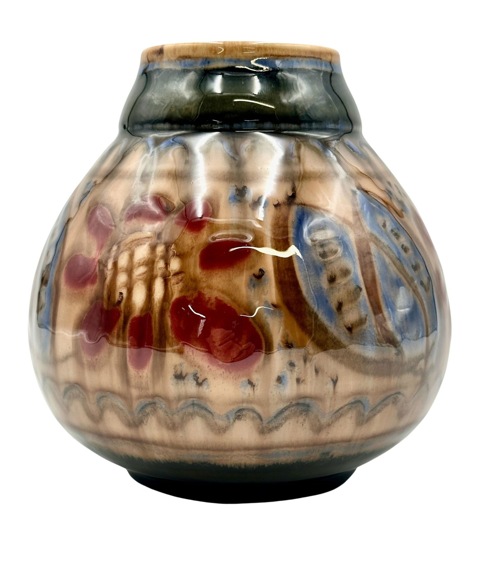 Elizabeth Barrett, Rookwood Pottery: 1944. Jewel porcelain glaze with florals, in an interesting color combination and bulbous form. Shape 6875. Incised monogram. Uncrazed. 6.5" ht. and 6.25" diameter.