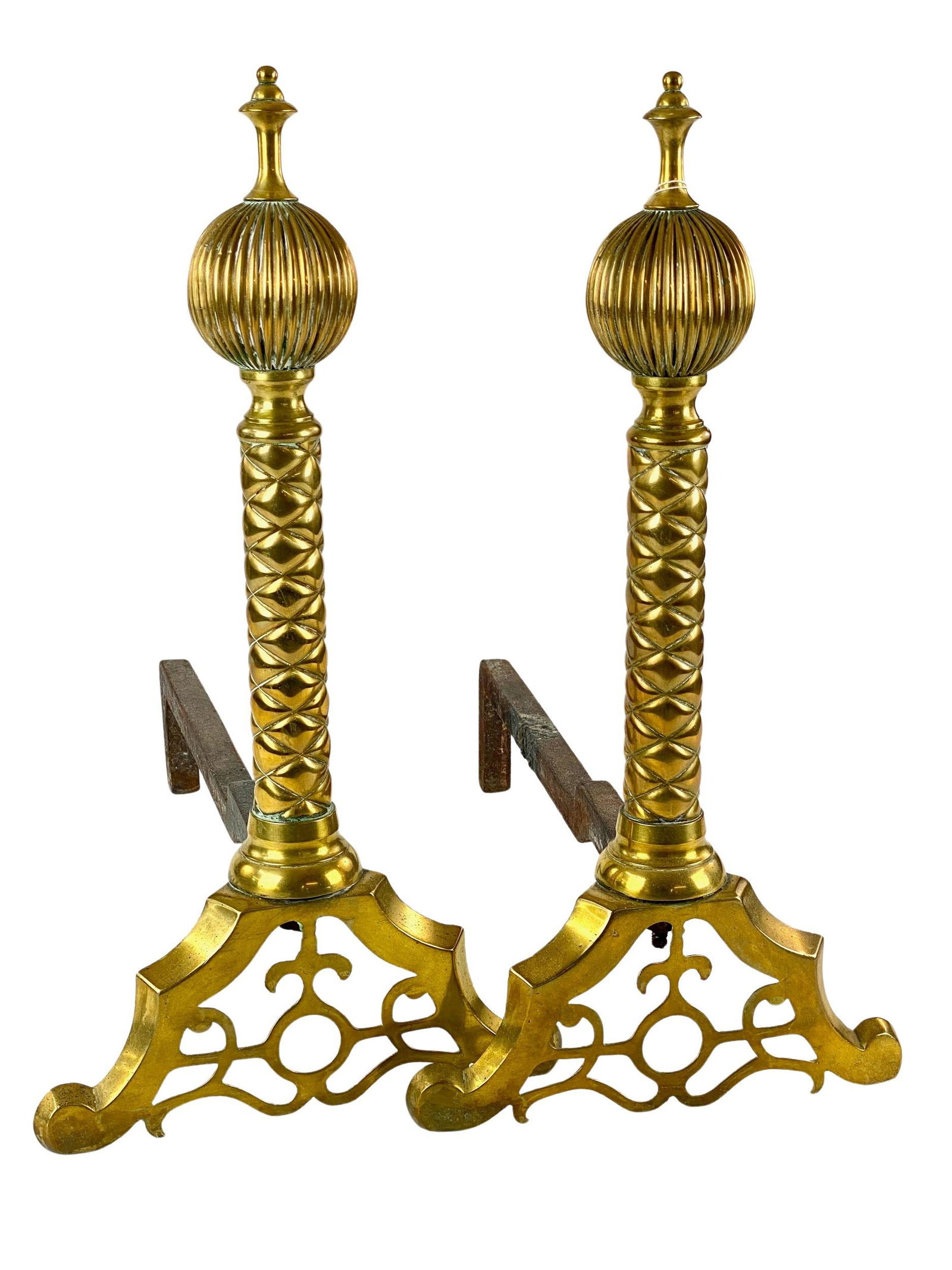 Pair of Brass Andirons: Brass andirons, 20th century, with ball finials. Each 19" ht. x 17" dp.