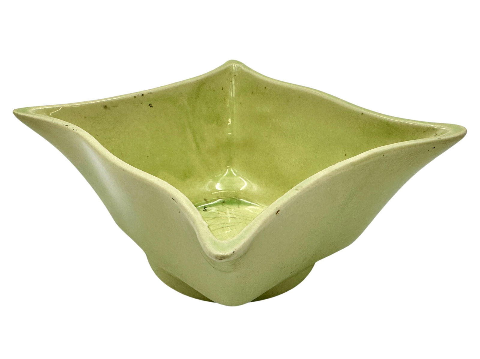 Tuckahoe/Gamtofte Pottery, Barrett and Jensen: A celadon glazed small candy dish, marked "TP" to the base for Tuckahoe Pottery, a Ripley, OH pottery that succeeded Gamtofte Pottery. Gamtofte was started and operated by Elizabeth Barrett and Jensen