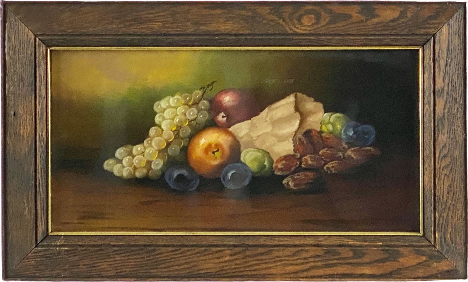 American School Pastel Still Life with Dates: Ca. 1900, pastel on paper, unsigned. A still life with fruit and dates. Housed in period frame. 12" x 23" (sight), 18" x 30" (framed).