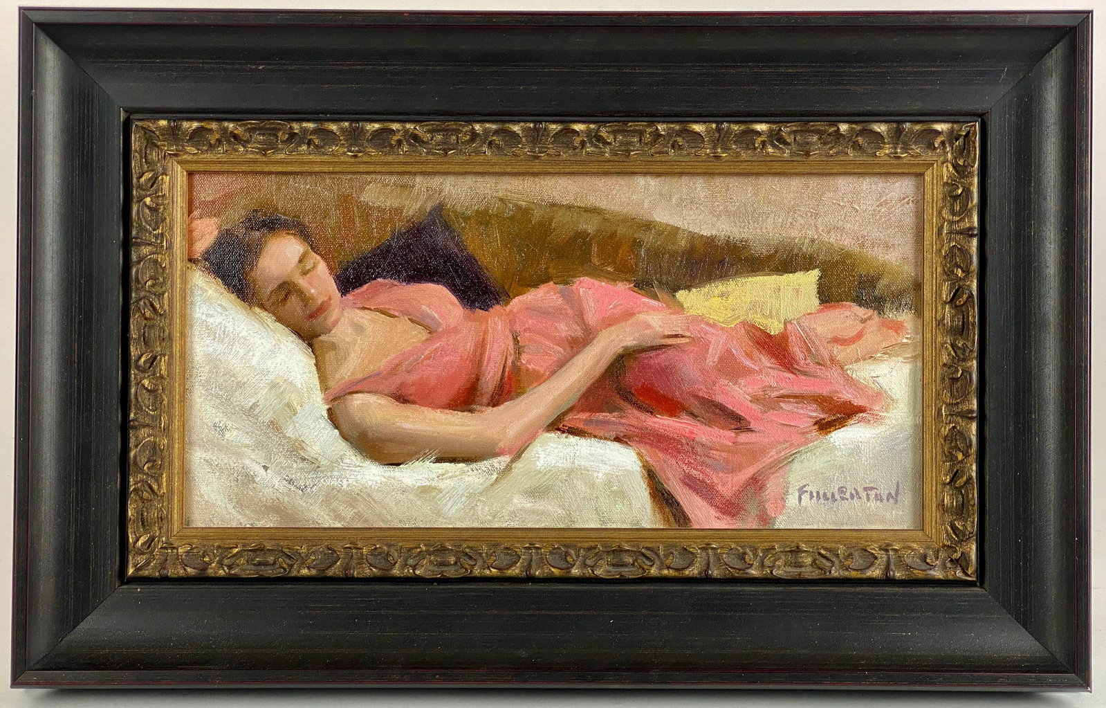 Stuart Fullerton, Oil on Canvas: Stuart Fullerton (American, 20th Century). Oil on canvas figural work of a woman in repose. Signed lower right. 7.5" x 15.5" (sight); 14" x 22" (framed).