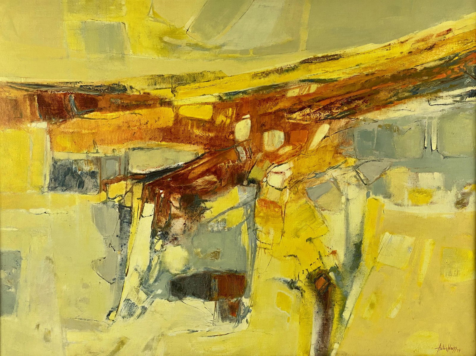 Modernist Oil by Anton Weiss: Anton Weiss (Tennessee/Arkansas, 1936-2019). Oil on canvas, signed and dated l.r., a modernist fall landscape. Artist label to verso. 29.5" x 39.5" (sight), 36" x 47" (framed). Born in the former Yugo