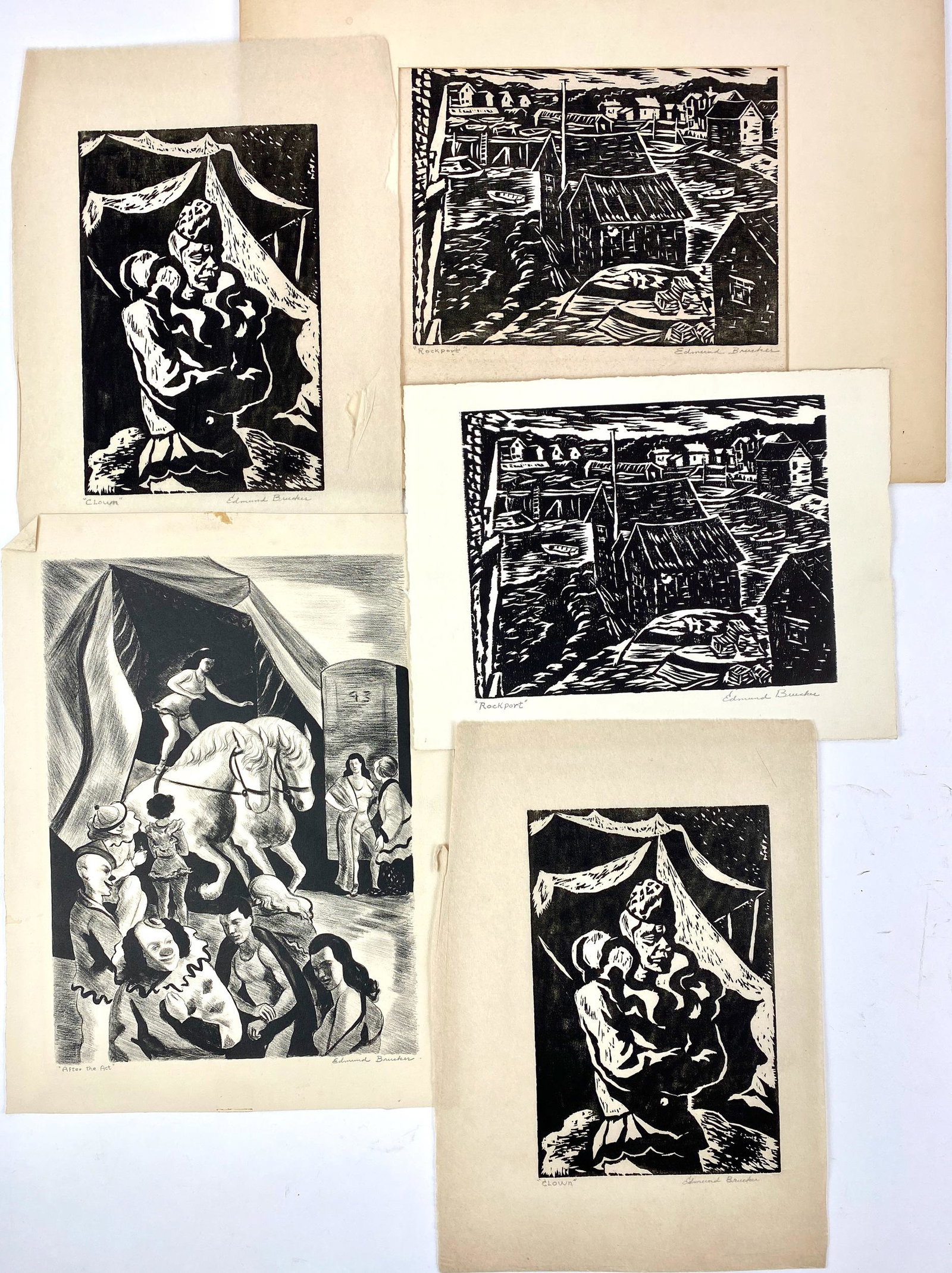 5 Prints by Edmund Brucker, Indiana Artist: Edmund Brucker (American/Indiana, 1912-1999). Including 4 woodcuts, signed, and one lithograph on paper titled "After the Act". The woodcuts are titled as well. Largest plate size 13" x 10". All unfra
