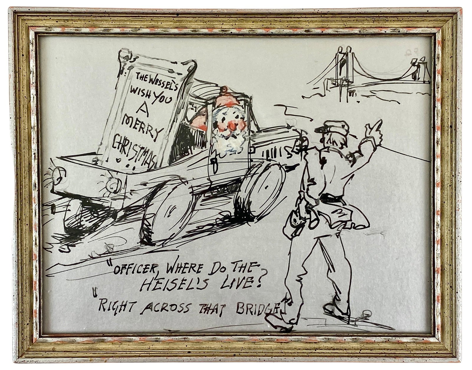 Herman Wessel, Ink Sketch with Tempera on Silver Paper: Christmas themed drawing by Wessel, with Closson's sticker to reverse. 5.5" ht. x 7.5" wd.