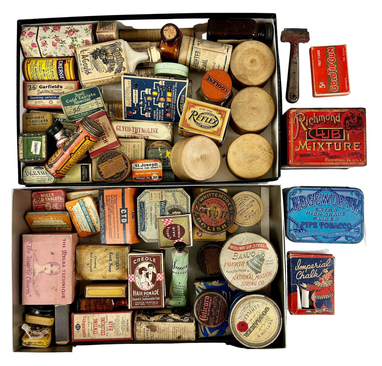 Collection of Early Adverising Ephemera: Varying early products / advertising including pomades, polish, soap, foot creme, hair products, hygiene products and more