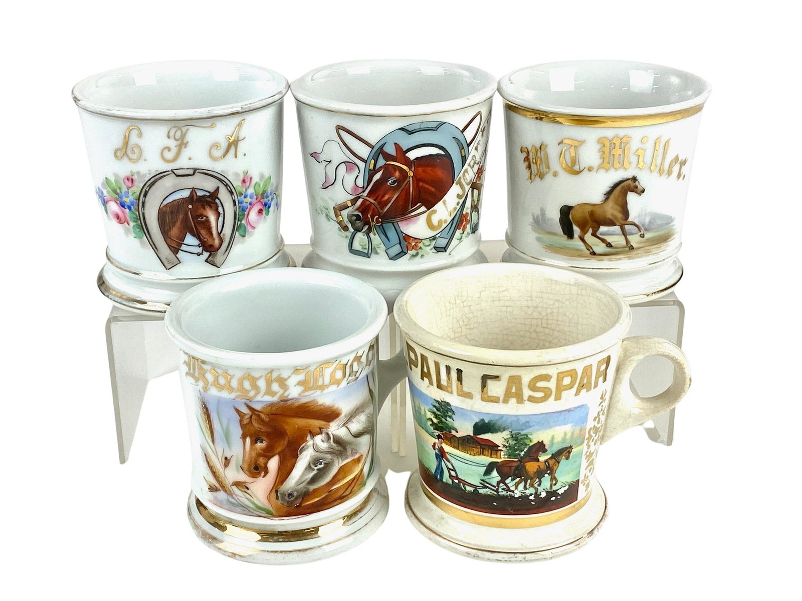 Five Equine Occupational Shaving Mugs: One depicting a farm hand plowing a field in excellent color, the other four depicting horses.