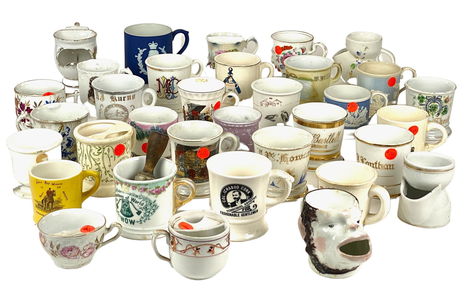 Collection of 30 Shaving Mugs: Varying designs, some figural and some landscape.