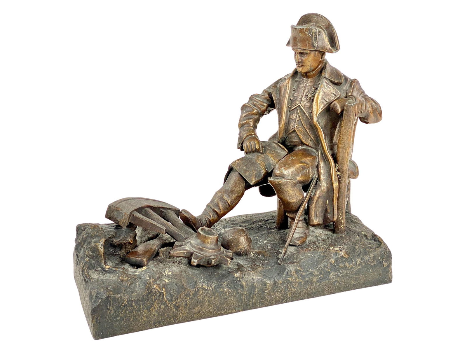 Napoleon Seated Spelter After Victor Rousseau: After Victor Rousseau (French, 1865-1954). Spelter sculpture with a seated Napoleon, signed at base, foundry mark to side of base. Ht. 11", lg. 12".