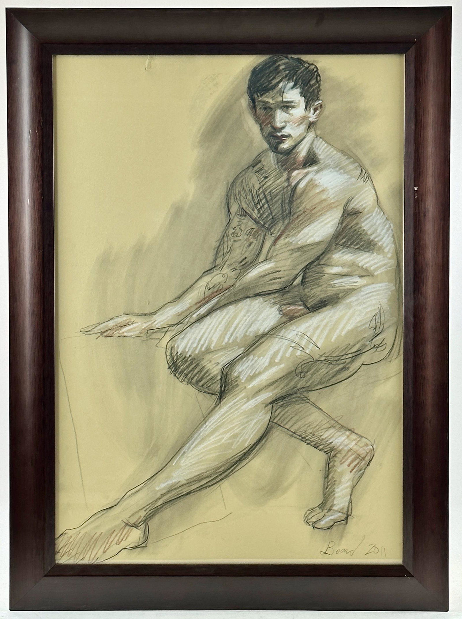 Mark Beard (B. 1956), Nude Male Study: A finely executed nude male study by Beard in white. black and reds on paper. Depicting a nude male figure seated and framed. Signed lower right and dated 2011. Sight size: 29.5" ht. x 20" wd. Framed