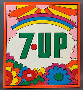 Peter Max Designed 7UP Metal Advertising Sign: Made for 7UP soda, a Stout Sign Co. advertising sign with Peter Max design having floral and rainbow design in screenprint. 7UP letters in relief. 27" x 24".