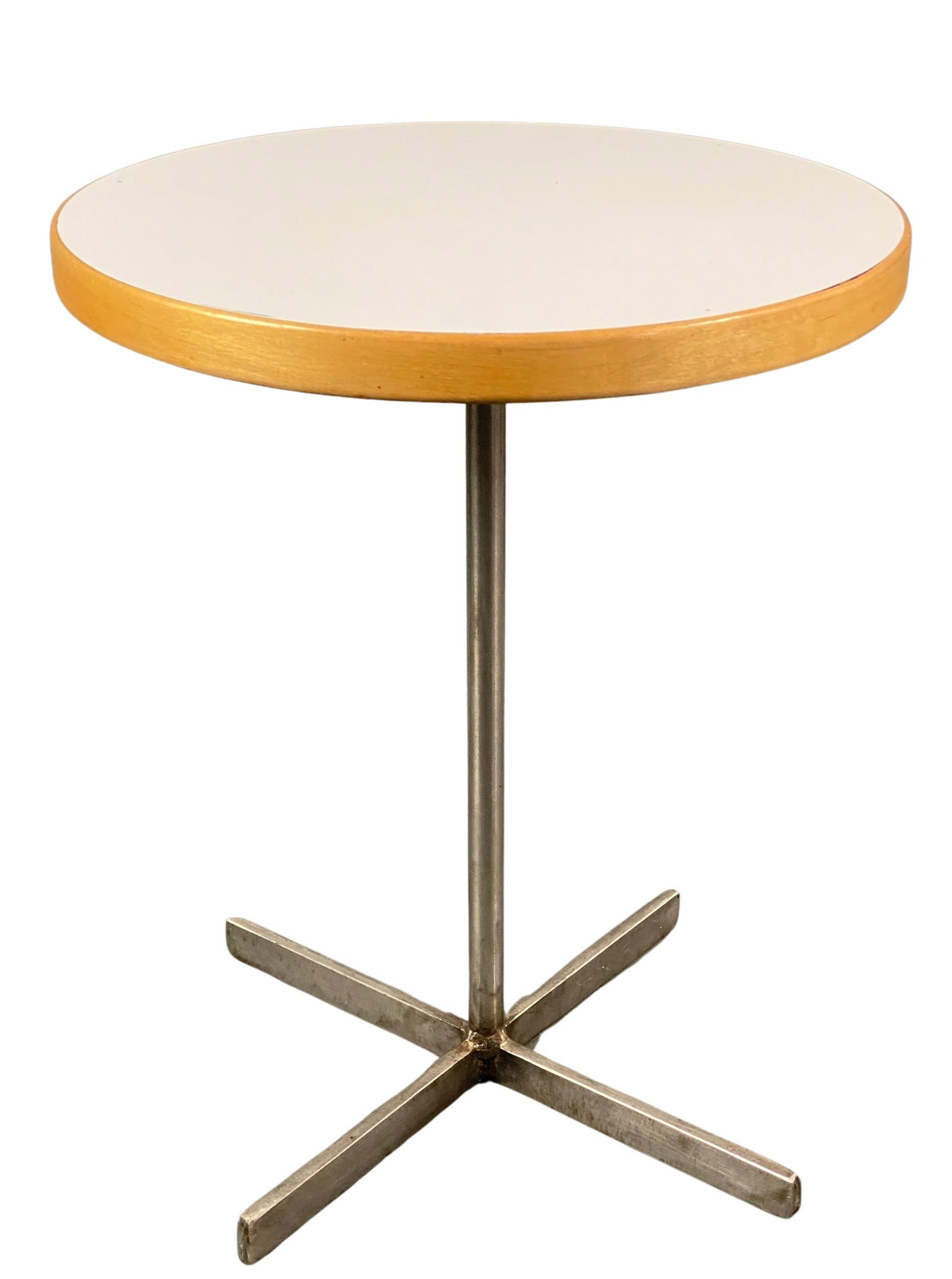 Modern Side Table: Ca. 1960s, a modern side table with circular top. Ht. 14" x 15" diameter of top.