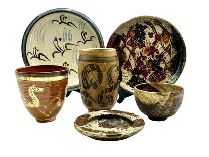 Collection of Studio Pottery, Including Bernard Leach: including an ashtray by Otto and Vivika Heino, one Yosuke Haruta plate, a plate by Bernard Leach, a vase and two bowls. Tallest ht. 7", widest diameter 11".