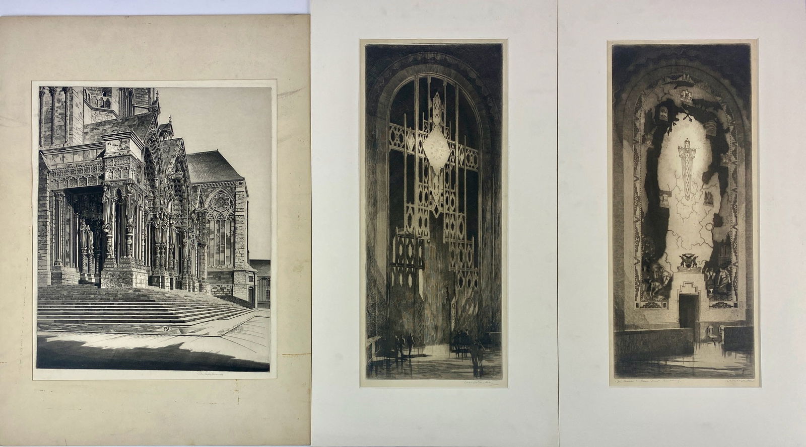 Cathedral Etchings Inc. John Taylor Arms: 3 etchings, including "In Memoriam, Chartres Cathedral" by John Taylor Arms (American, 1887-1953). Etching on paper, signed l.r. margin and dated 1939. 14.5" x 12" (plate size). Inscribed to verso. Al