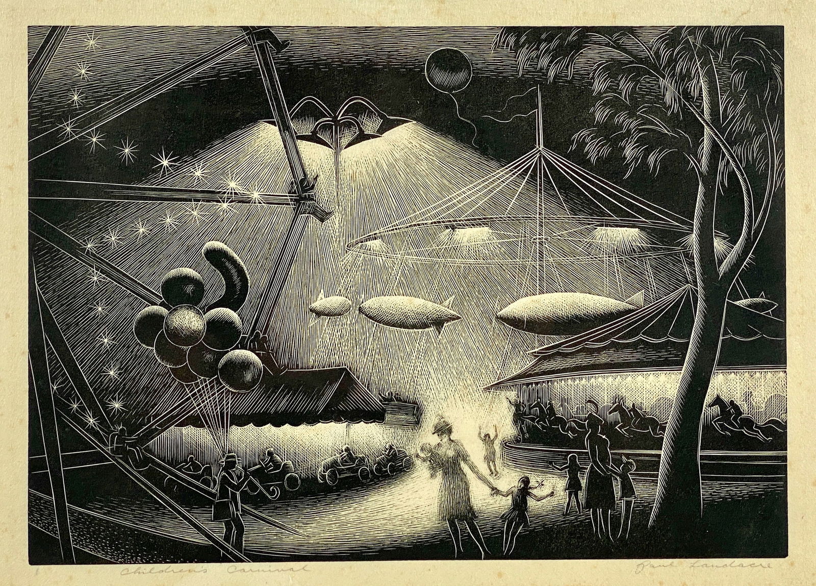 "Children's Carnival" by Paul Landacre: Paul Hambleton Landacre (American, 1893-1963). Woodcut on paper, titled and signed in margin. 9.5" x 13.5" (sight), 15.5" x 18" (framed).