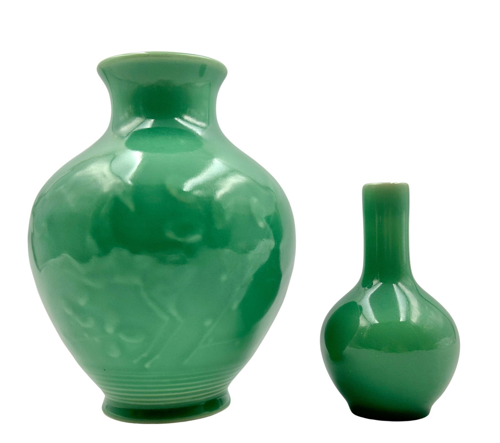 Pair of Celadon Glazed Rookwood Pottery Pieces: Both high glaze. One with deer decoration. Height of tallest: 7.75"