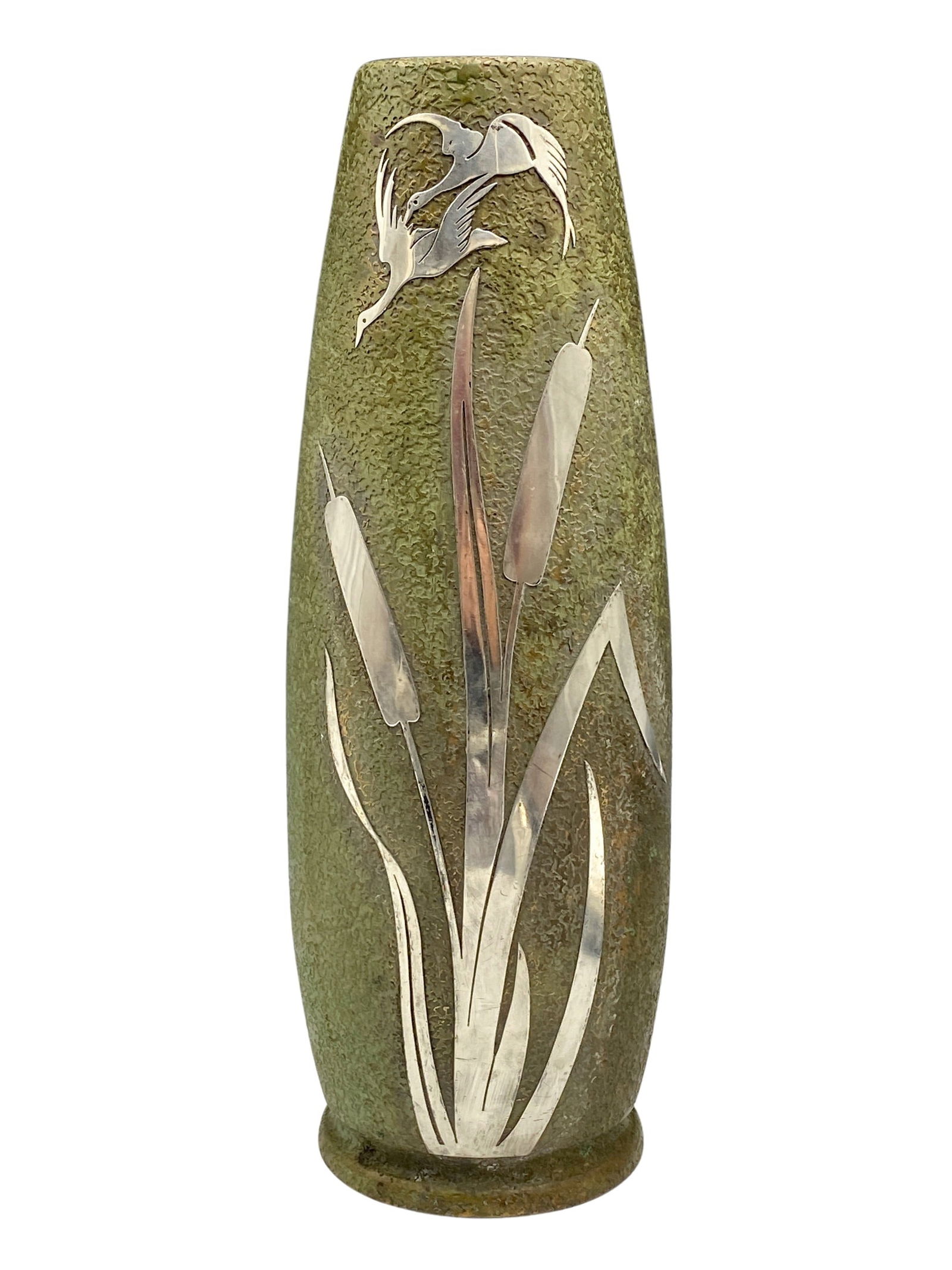 Silvercrest Sterling Decorated Bronze Vase: Marked to underside, and decorated in sterling silver with two birds in flight above reeds. 13" ht.