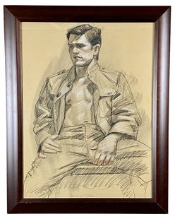 Mark Beard, Portrait of a Man: Portrait of a man with shirt unbuttoned, resting on a chair. Charcoal in black, white and red. Signed to the lower middle and dated 2002. Sight size: 29.5" ht. x 22" wd., framed size: 35" ht. x 27.5"