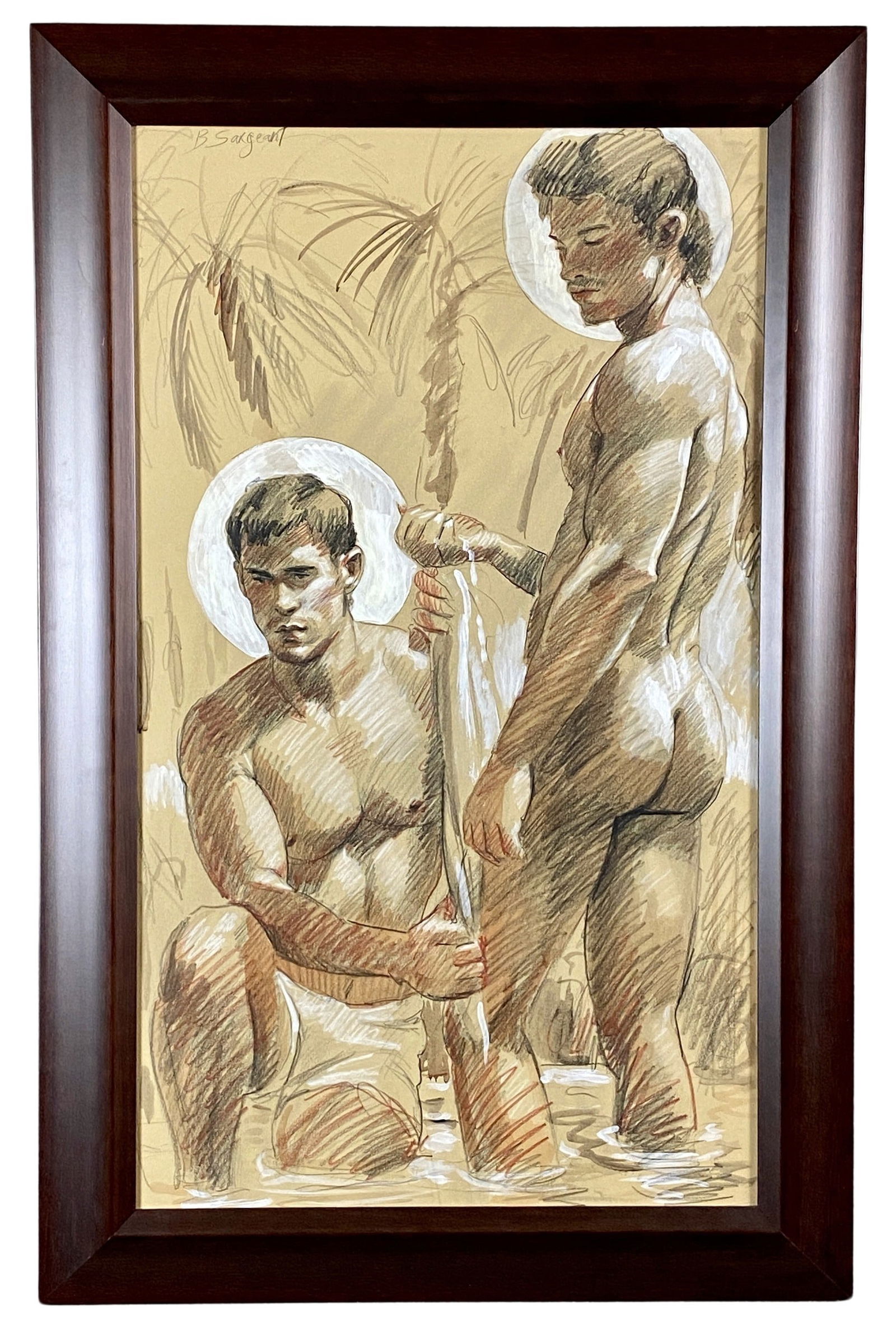 Bruce Sargeant, Pair of Nude Males: Otherwise known as artist, Mark Beard, this portrait depicts two nude males holding hands while swimming. In black, white and red charcoal with watercolor and white oil accents. Signed upper left "B S