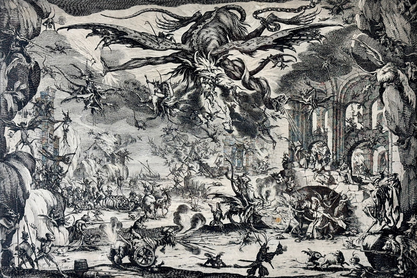 "La Tentacion de St. Antoine" by Jacques Callot: Jacques Callot (French, 1592-1635). Engraving on laid paper, 1635. With margins and text in margin trimmed. 12" x 17.75" (sight), 22" x 28" (framed).