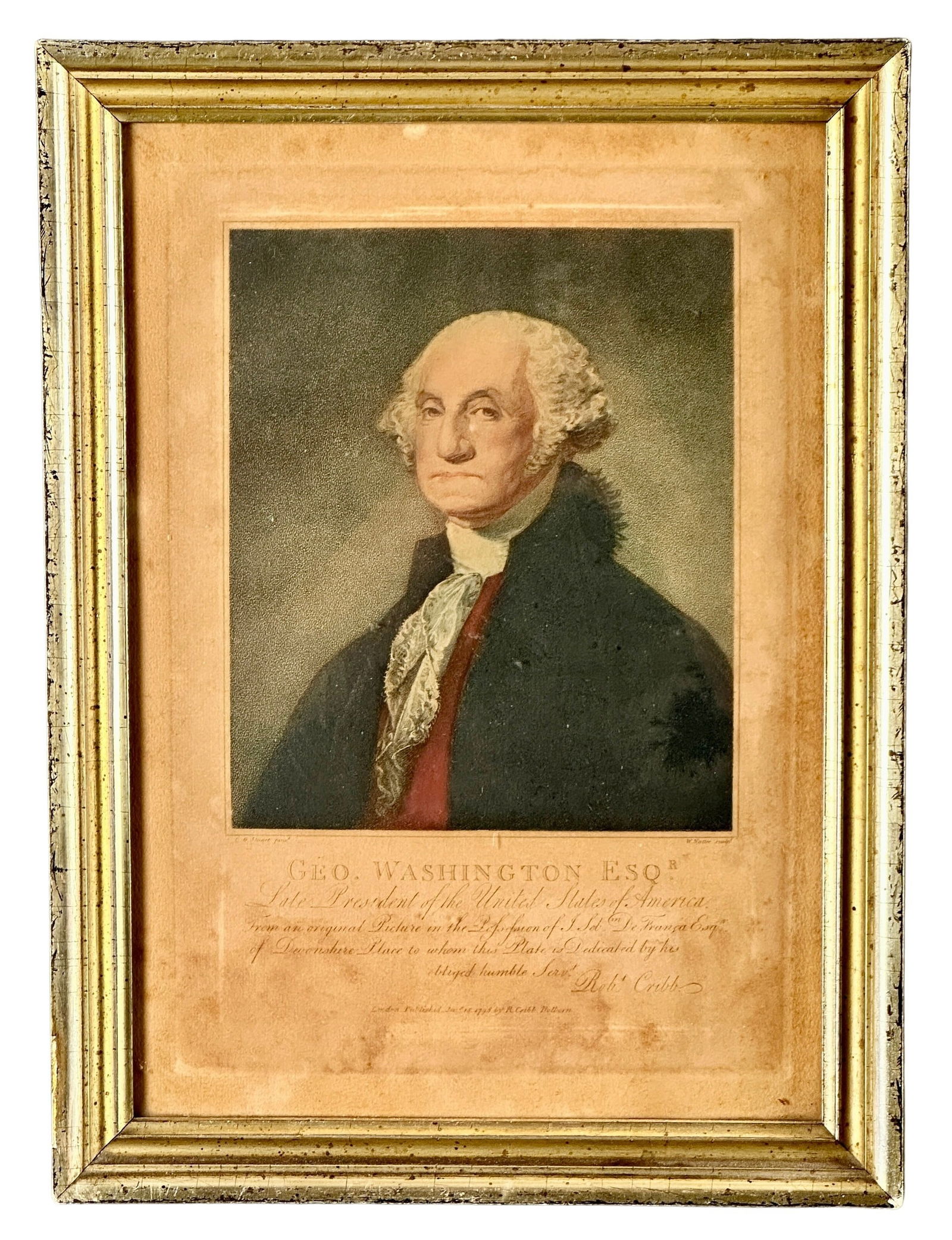 G. Washington Engraving After Stuart - W. Nutter: William Nutter (English, 1754-1802). A stipple engraving on paper, with text plate, by Nutter after the Gilbert Stuart portrait. Plate size 12" x 8.5", in lemon gilt frame 16" x 11.5".