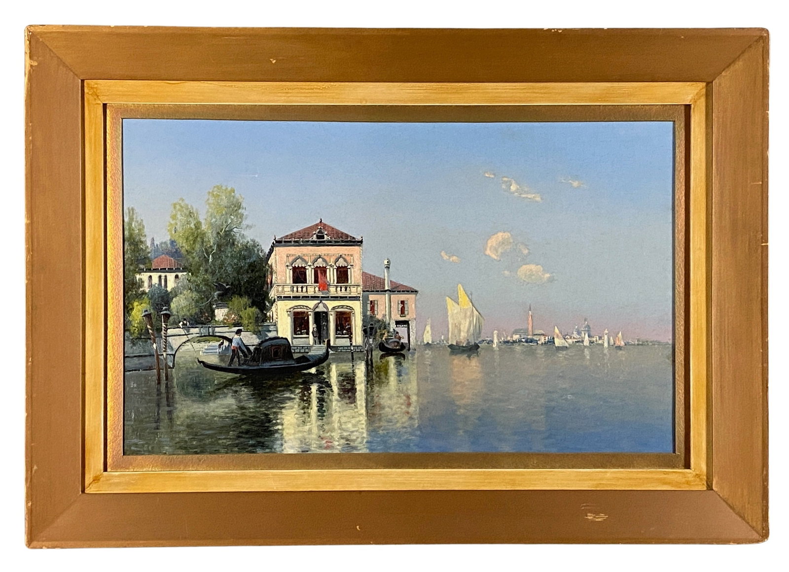 Karl Eugene Felix (Austrian/American, 1837-1906): Oil on canvas, mounted to board. A charming Venetian scene with everything you would want: gondola, sailboats, and Santa Maria della Salute in the distance. The signature is l.r. but obscured by the f