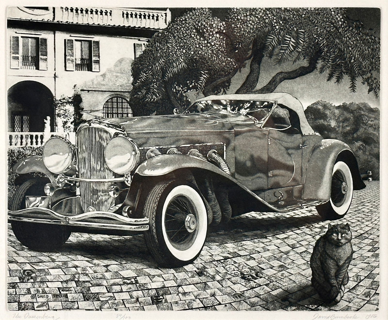 David Bumbeck (20th century), Lithograph: Titled "The Duesenberg", numbered 54/100 and signed in graphite to the lower right. 1986. Sight size: 13" ht. x 16" wd., framed size: 21.5" ht. x 24" wd.