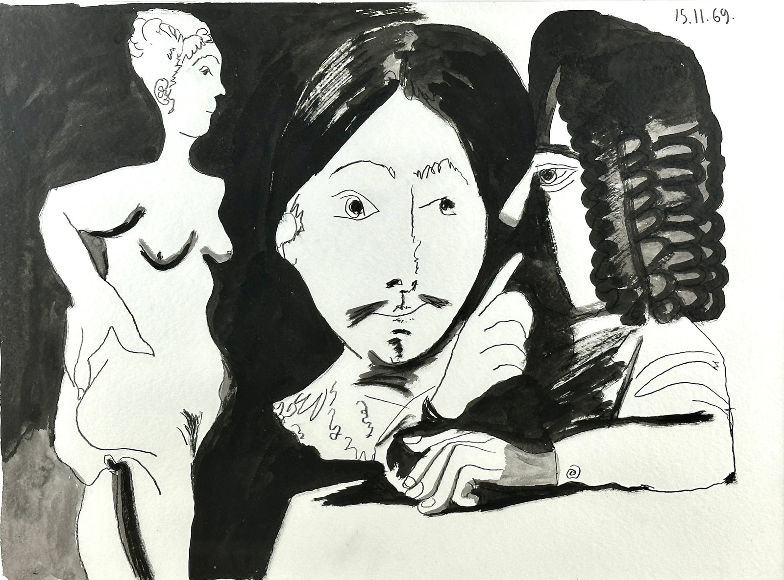 Pair of Modern Works on Paper; Style of Picasso: A pair of works on wove paper. One a pastel / charcoal line drawing of a tangled figural couple, the other a composition of pastel, ink and watercolor of a nude and two busts. Dated 1970 and 1969 resp