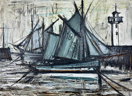 Bernard Buffet (French, 1928-1999): Entitled "Bateaux de peche rentrant a Saint-Quai" (Fishing boats returning to Saint-Quai) with placard to the center of the painting. Signed and dated 1968 to the upper left hand corner and center. Ga