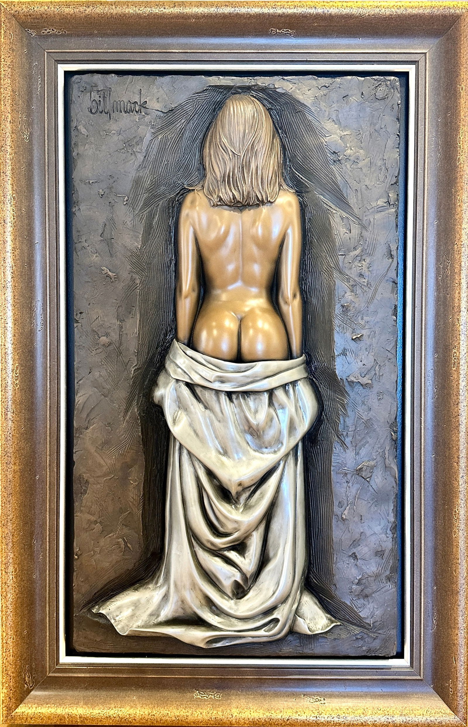 Bill Mack, "Brilliance" Cast Resin Relief: Signed to the upper left. Relief casting of a nude woman disrobing. Sight size: 42.5" ht. x 24" wd., size with frame: 54" ht. x 34.5" wd.