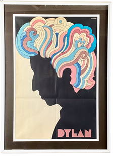 "Dylan" 1966 Poster by Milton Glaser: The 1966 Bob Dylan poster, lithograph in colors, with several fold marks, not signed. 40" x 29.5" (framed).