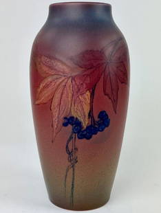 Elizabeth Neave Lincoln for Rookwood Pottery: Painted matte glaze floral vase with gradient color from deep purple to magenta at the base. Signed with artist's cipher to bottom, 1926. Shape number 977. Height: 10.75"