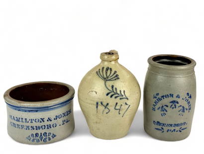 Trio of Cobalt Blue Decorated Stoneware: Two Hamilton and Jones examples and one ovoid 1847 jug. Tallest: 10.5" ht.