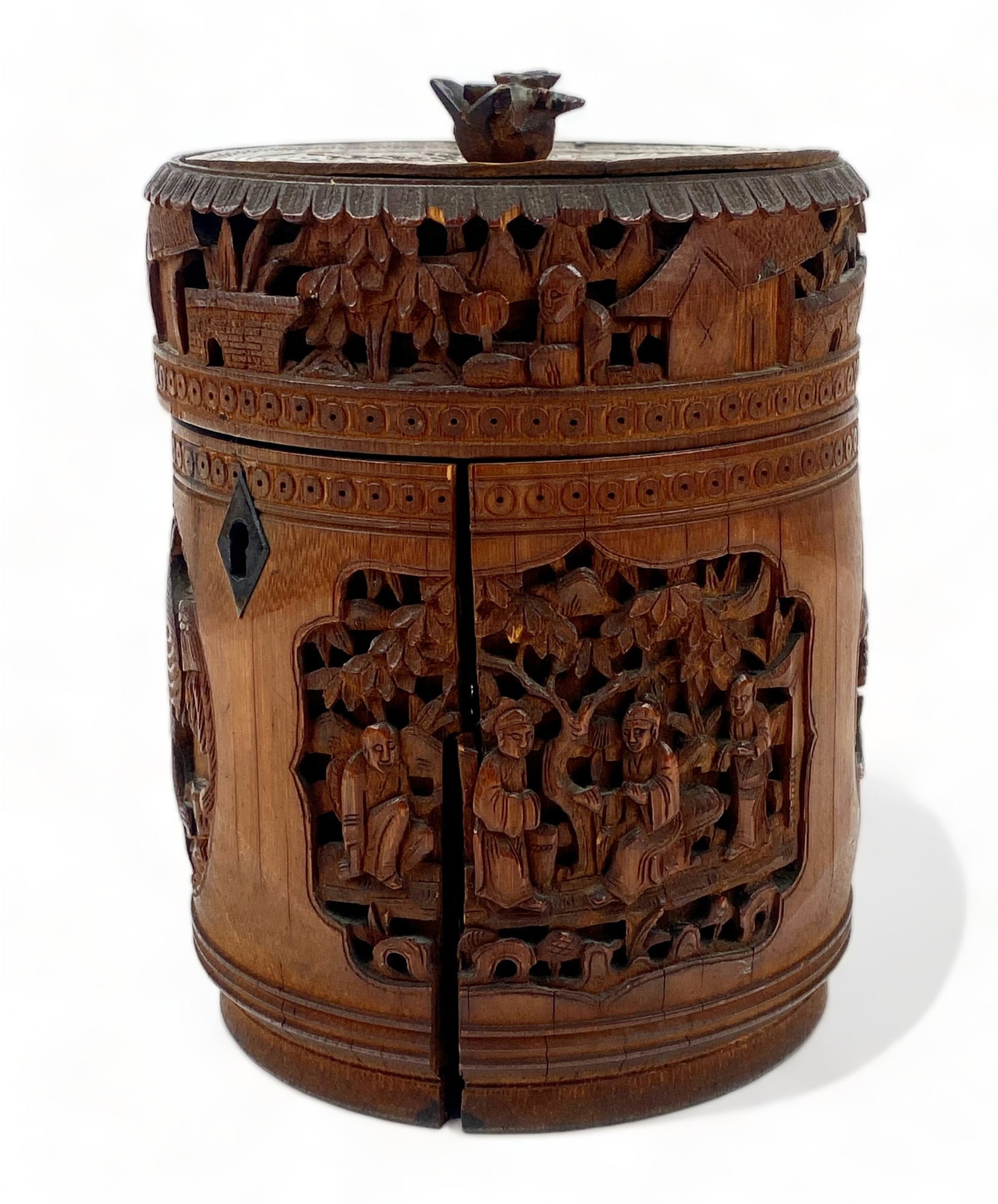 Chinese Canton Carved Bamboo Caddy: 19th century, the cover with pressed wood, the body in bamboo with Canton style carved scenic reserves. Ht. 6.5".