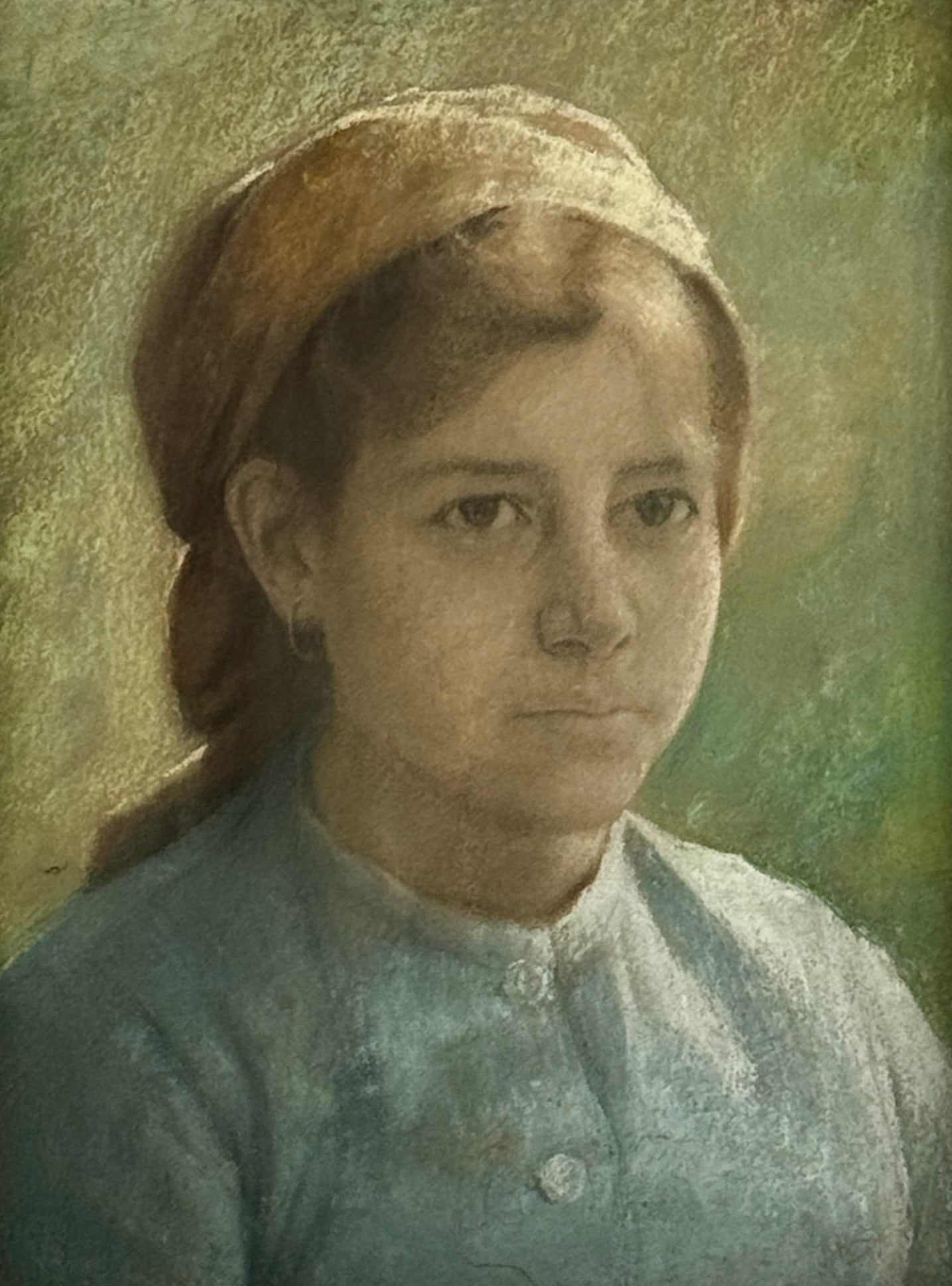 Joseph Henry Sharp (American, 1859-1953): Pastel portrait of a young girl, signed to the lower right by Sharp in graphite, Cincinnati Art Gallery label to verso. Housed in a simple gilt frame frame under plexiglass. Sight size: 16.5" ht. x 12