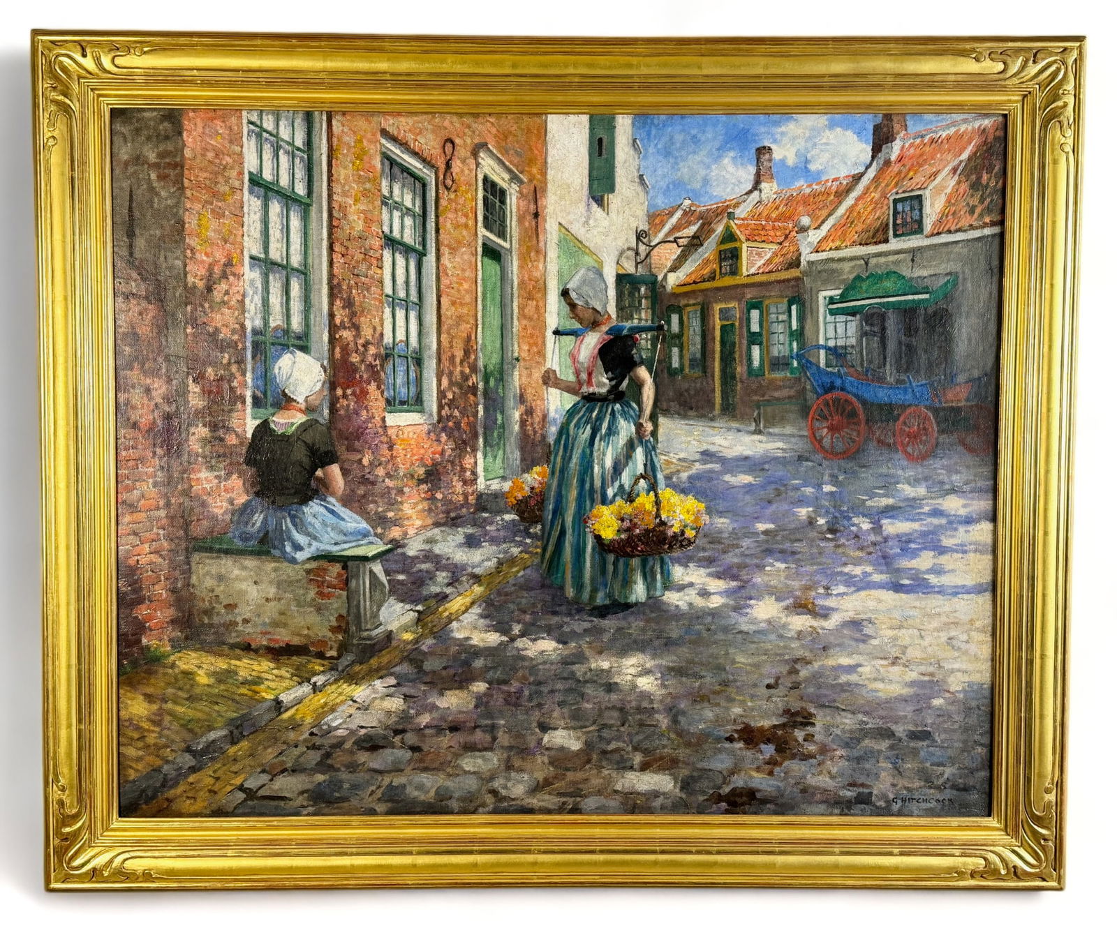 George Hitchcock (American, 1850-1913): Oil on canvas, circa 1900. Titled "Dutch Flower Girls". Anderson Galleries (Chicago) label on stretcher to verso, Patricia Weiner Galleries label on verso to backing. Paperwork included from The Cinci