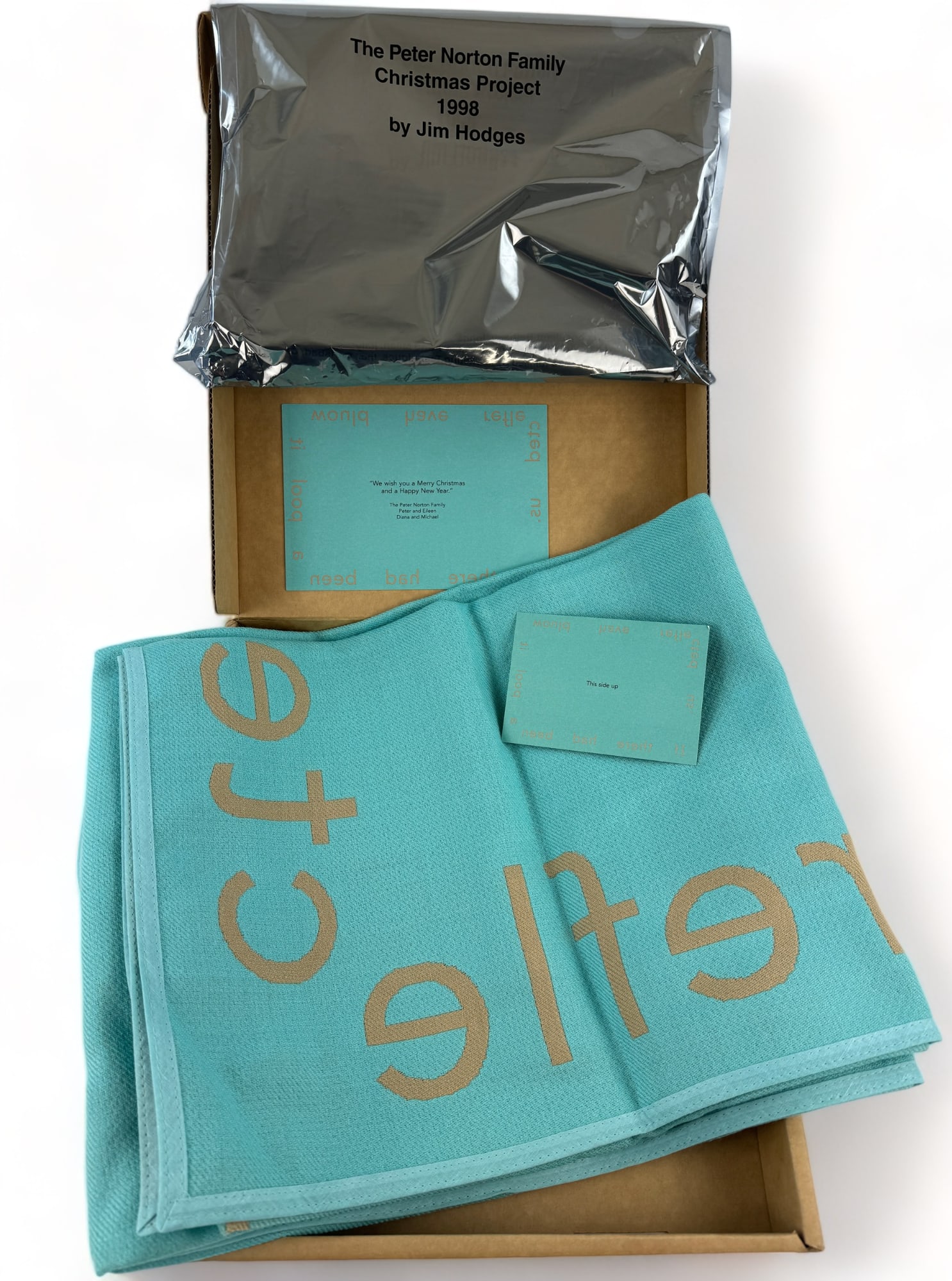 Jim Hodges Double Sided Blanket- Norton Family Projects: 1998. The Norton Family Christmas Projects. A double sided blanket by Jim Hodges, commissioned by the Norton family. This example is complete in its original packaging, with card and in original box.