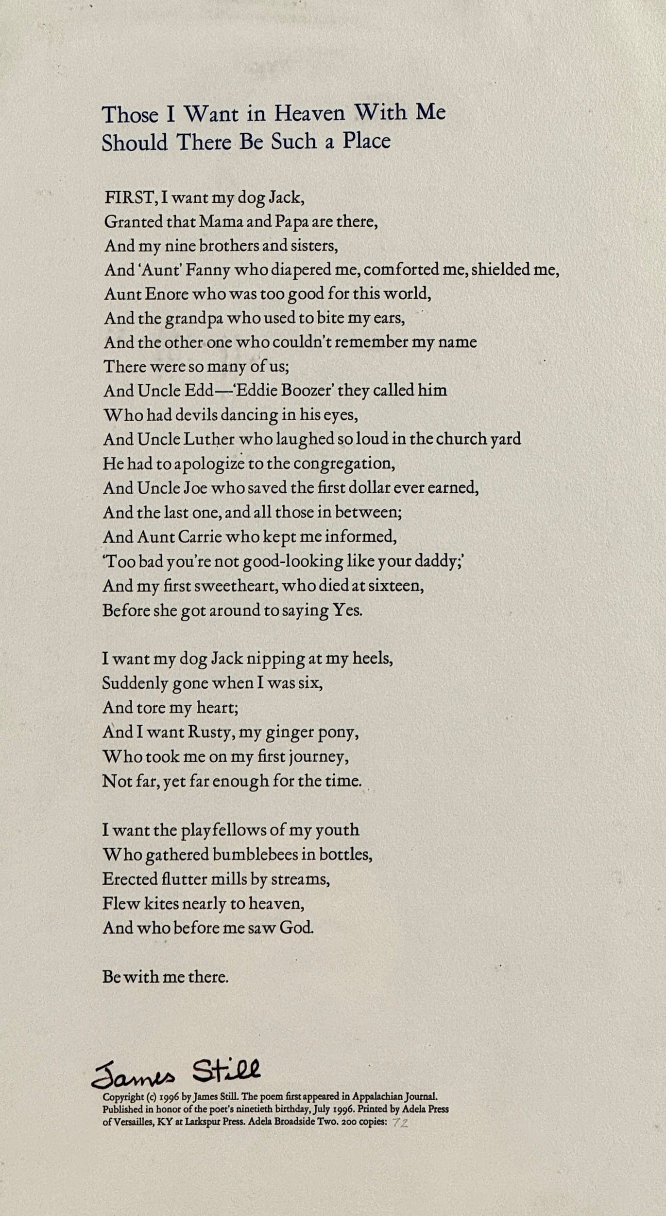Three Signed Poems: Three typed poems, one framed, by Carolyn Whitesel, Bob Baber, and James Still, respectively. Largest framed 22.5" x 14.5"