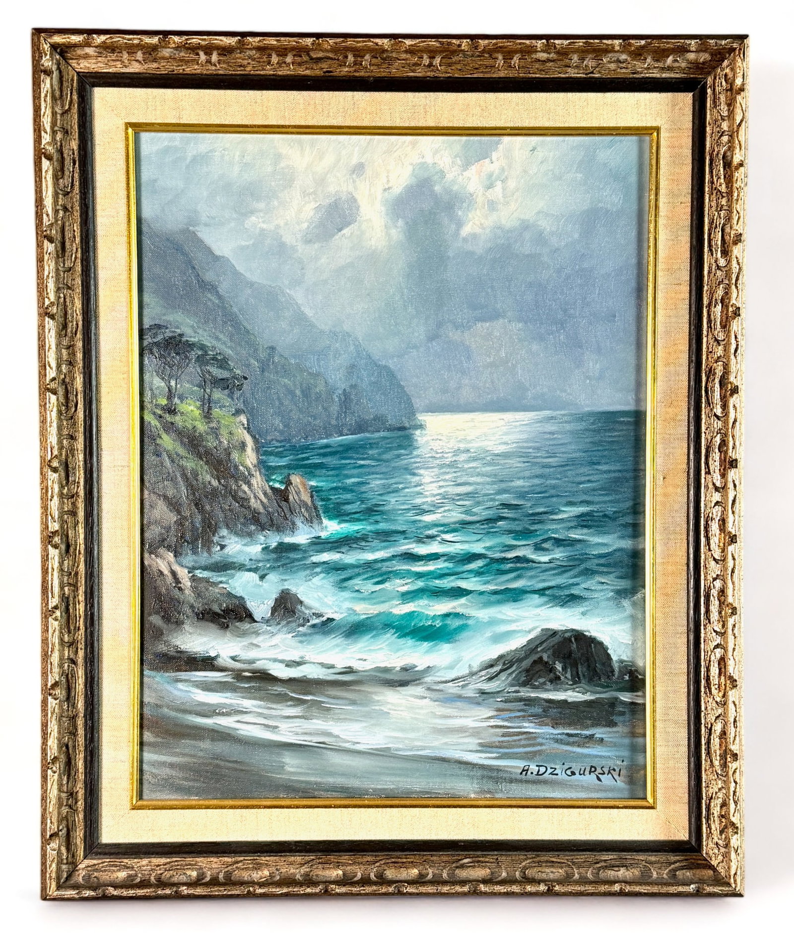 Alexander Dzigurski (Yugoslavian 1911-1995), PLUS: 3 works of art: Alexander Dzirgurski, untitled seascape, oil on canvas, 22" x 17 3/4" (frame); Georges Braque still life copy, 29" x 34"; "The Good Samaritan", woodblock, unknown artist, 20 1/2" x 20"