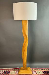 Yasha Heifetz Oak Floor Lamp: Ca. 1940s, an oak floor lamp with shade. Ht. 60" Interested in phone bidding?