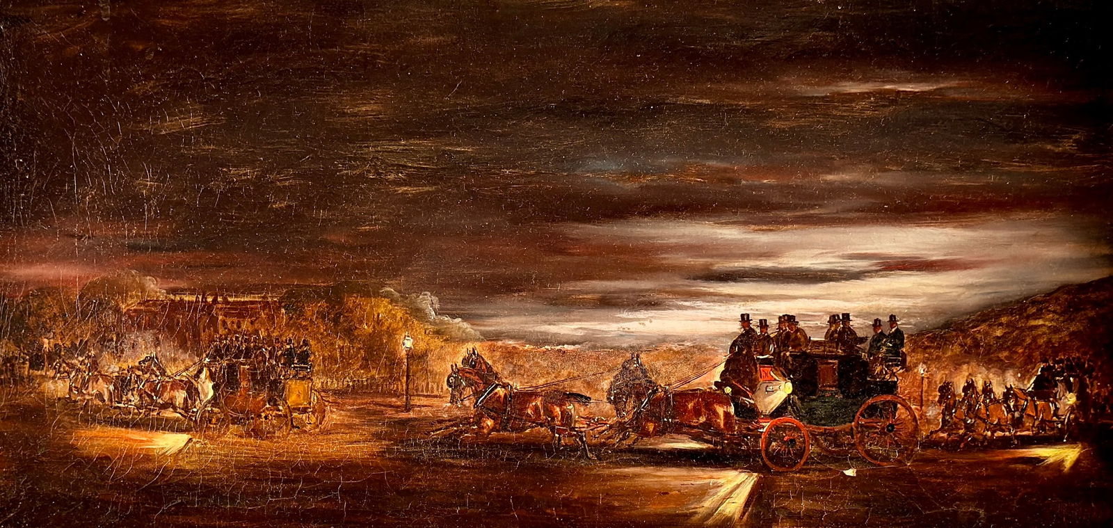 H.F Jones Oil on Canvas: Oil on canvas British coach scene, signed to the lower right. A nocturne depicting British traveling coachmen. Sight size: 11" ht. x 23.5" wd., framed size: 18" ht x 30" wd.