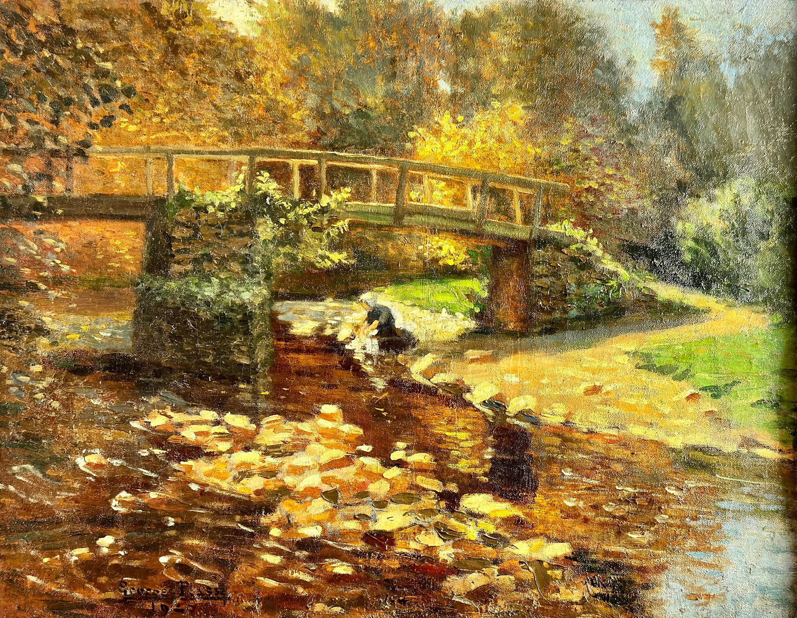 Georges Plasse (French, 1878-1948): A french impressionist scene by Plasse, signed and dated 1920 to the lower right, depicting a woman tendind to the wash in the river in a fall landscape. Sight size: 19.5" ht. x 25.5" wd., framed: 24.