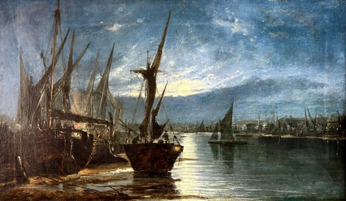 Oil on Canvas Nocturne Harbor Scene