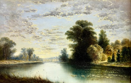 Oil on Board River Scene with Lilypads by McEvoy