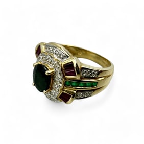 14K Black Opal, Ruby, Emerald and Diamond Ring