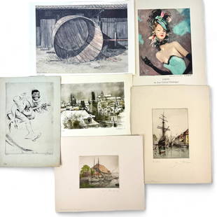 Group of Six Etchings / Prints: Including one etching by Diana Thorne, number 17/80 and titled "Jazz". two European etchings signed indistinctly, one by Chobotors, one by Brian Williams and one reproduction of a well-dressed woman.