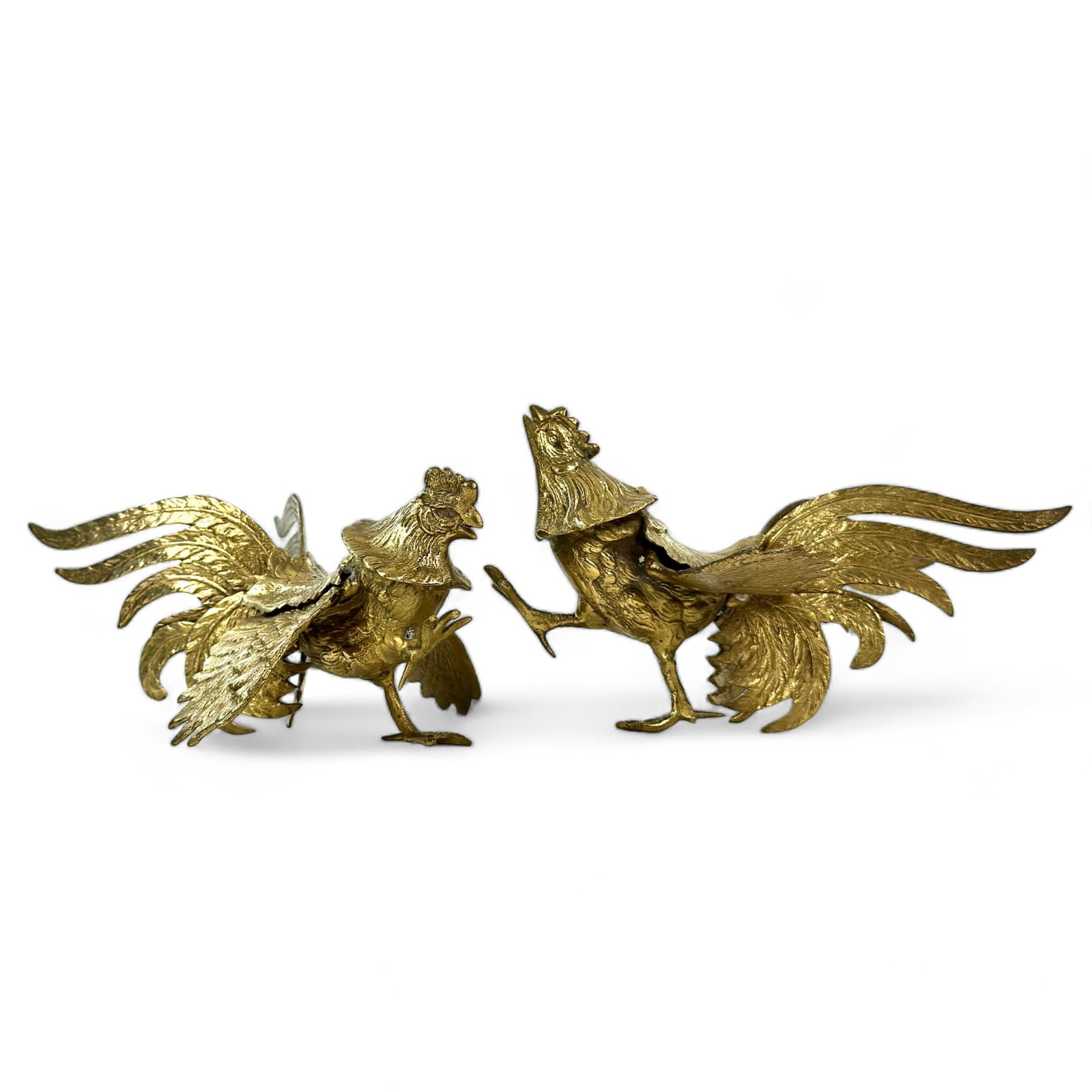 Pair of Brass Pheasants: 20th century, a pair of brass pheasants standing on feet and wings. Ht. of each 5".