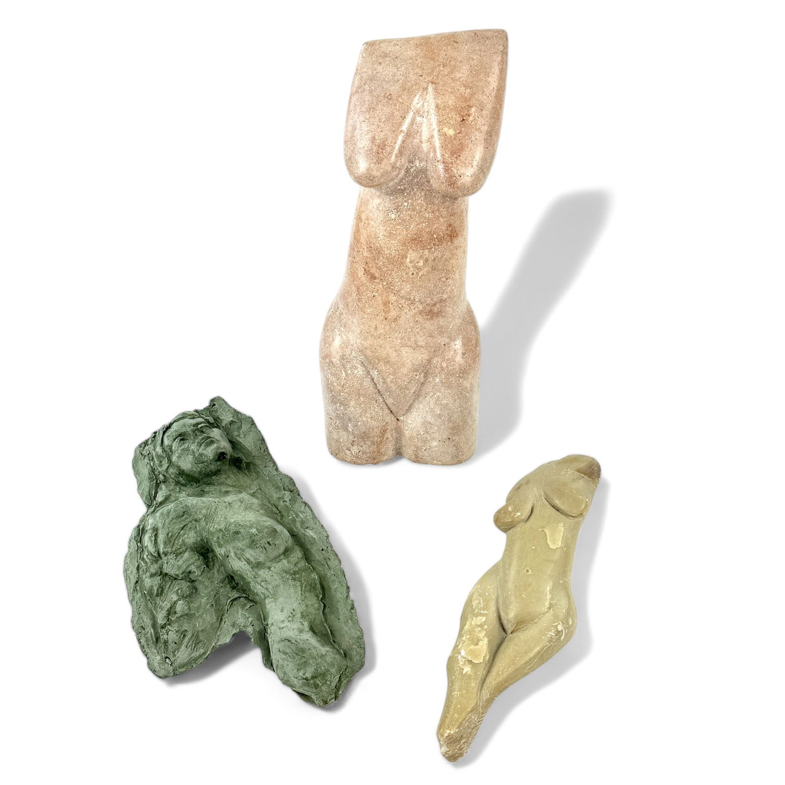 Three Sculptures, One by Margot Gotoff: Margot Gotoff (American/Cincinnati, 20th Century). Including a pair of stone nude torsos, as well as a ceramic nude. Small soapstone torso signed, the others are not. Artist was a teacher and family f