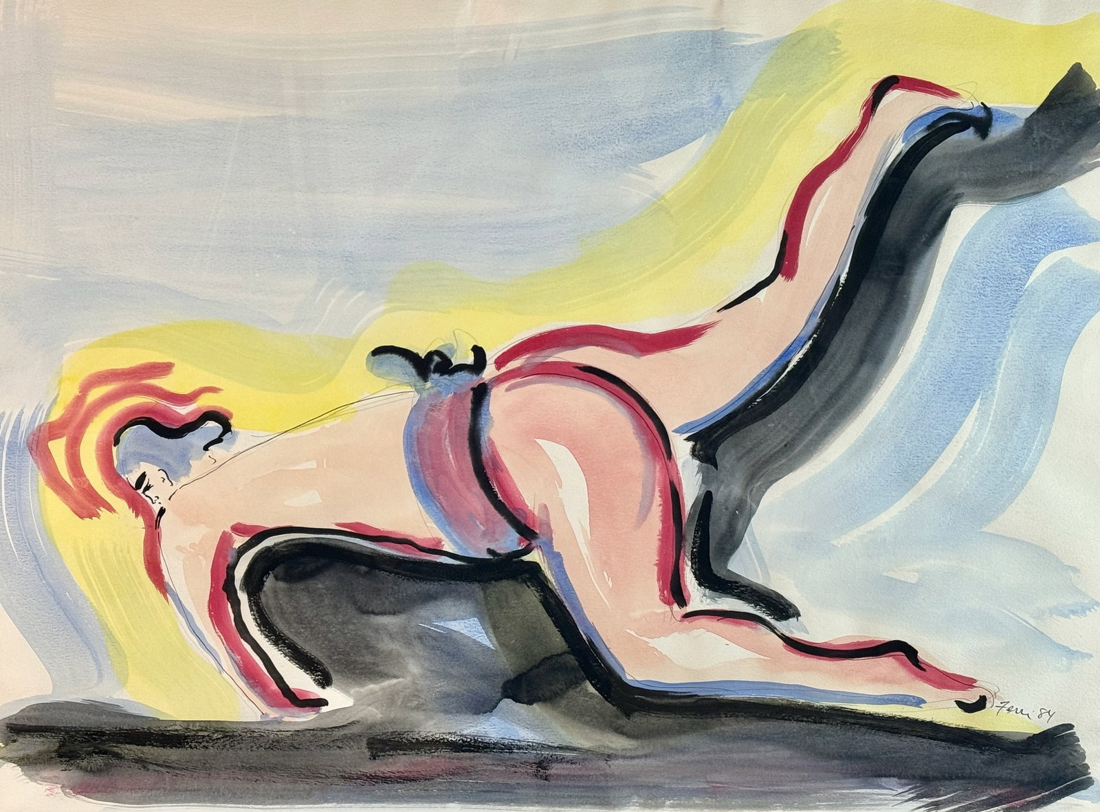 Ron Ferri (American, 1932-2019), Sumo Scene: Graphite and watercolor on paper, by Ron Ferri, close friend of Andy Warhol and well known for his neon works of the 60s and 70s. In 1983, Ferri traveled to Japan and becoame enamored with sumo wrestl