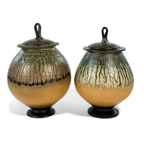 Michael Frasca: Pair of Wood Ash Glazed Stoneware Urns