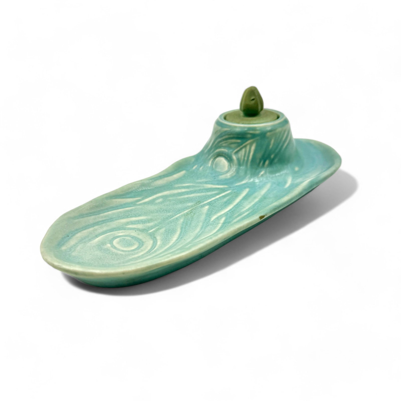 Rookwood Pottery Peacock Feather Inkwell: 1921, shape 1678. Lg. 9.25".